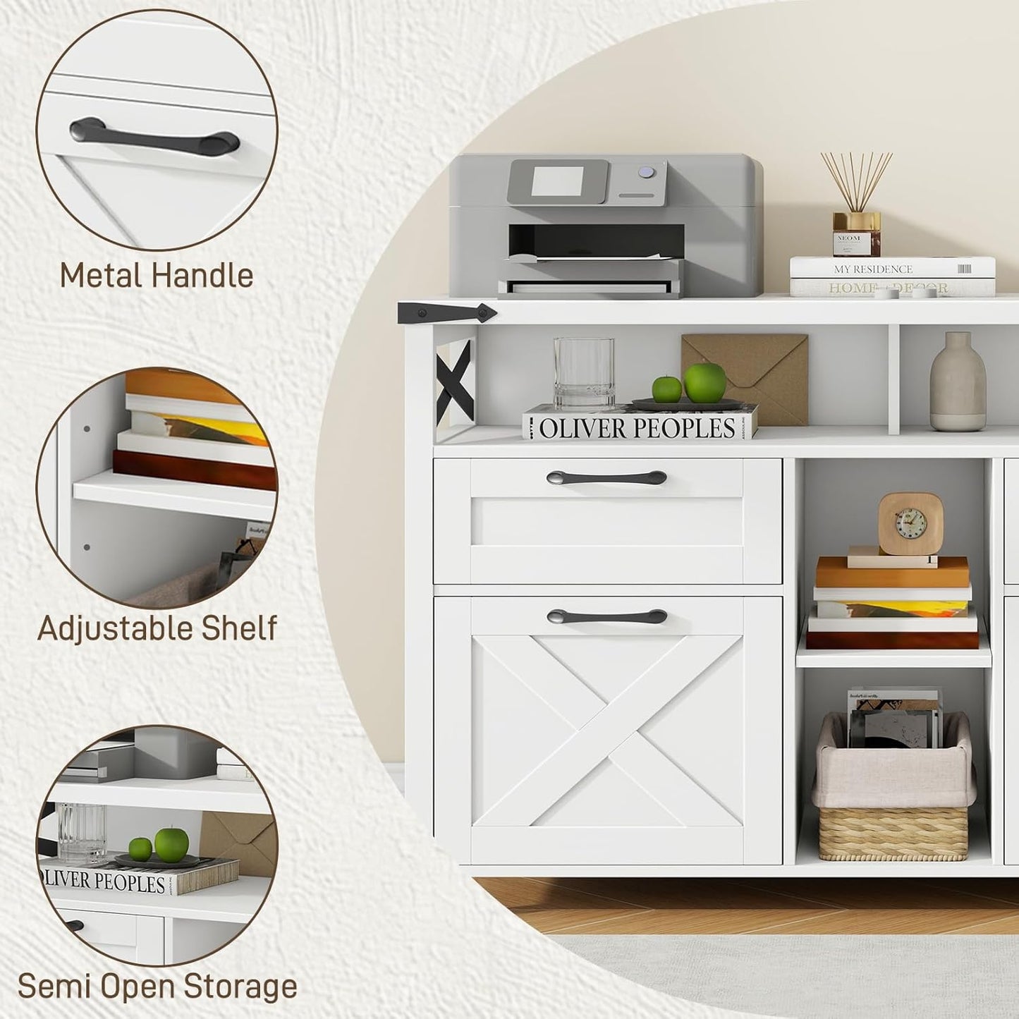 Farmhouse Filing Cabinet with Adjustable Shelf for Home Office, Lateral File Cabinets 4 Drawers with Open Storage Shelf, Filing Organization Storage Cabinets for Hanging Files Letter/A4.(White)