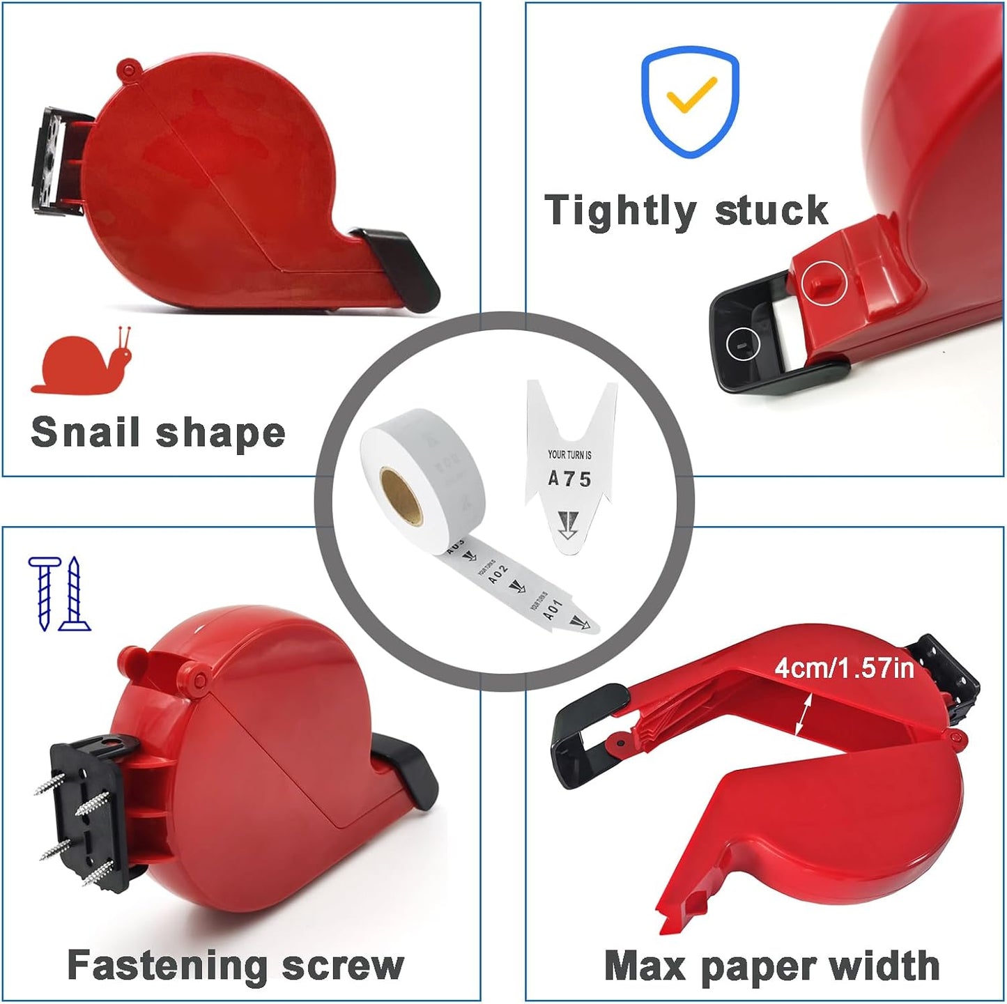 Red Ticket Dispenser Your Turn Take a Number System Turn-O-Matic Machine with 3000 Tickets per Roll 6 Groups 2-Digit Queue Number from A01-E99 White