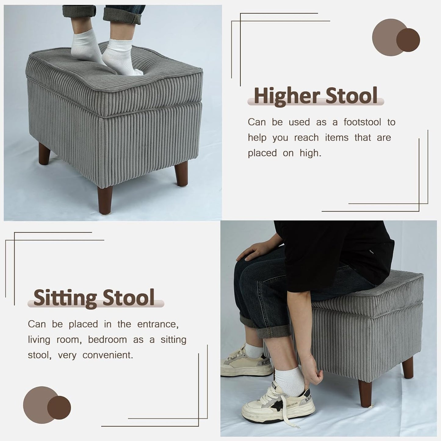 Storage Ottoman with Adjustable Lid, Soft Step Stool, Footrest and Seat, Ottoman Foot Rest for Living Room, Bedroom, Dorm, Light Gray