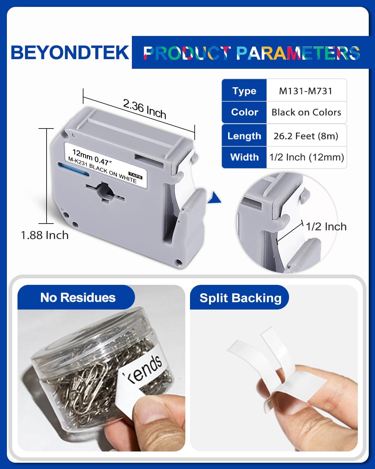 6Pk P Touch M Tape Work with PT-65 PT-70 PT-70BM PT-M95 PTM95 Replace with Brother P Touch M Tape 12mm 0.47 M-K 131 M-K231s 431s 531s 631s 731s for Brother PTouch PT-45 PT-80 PT-90,8m 26.2ft