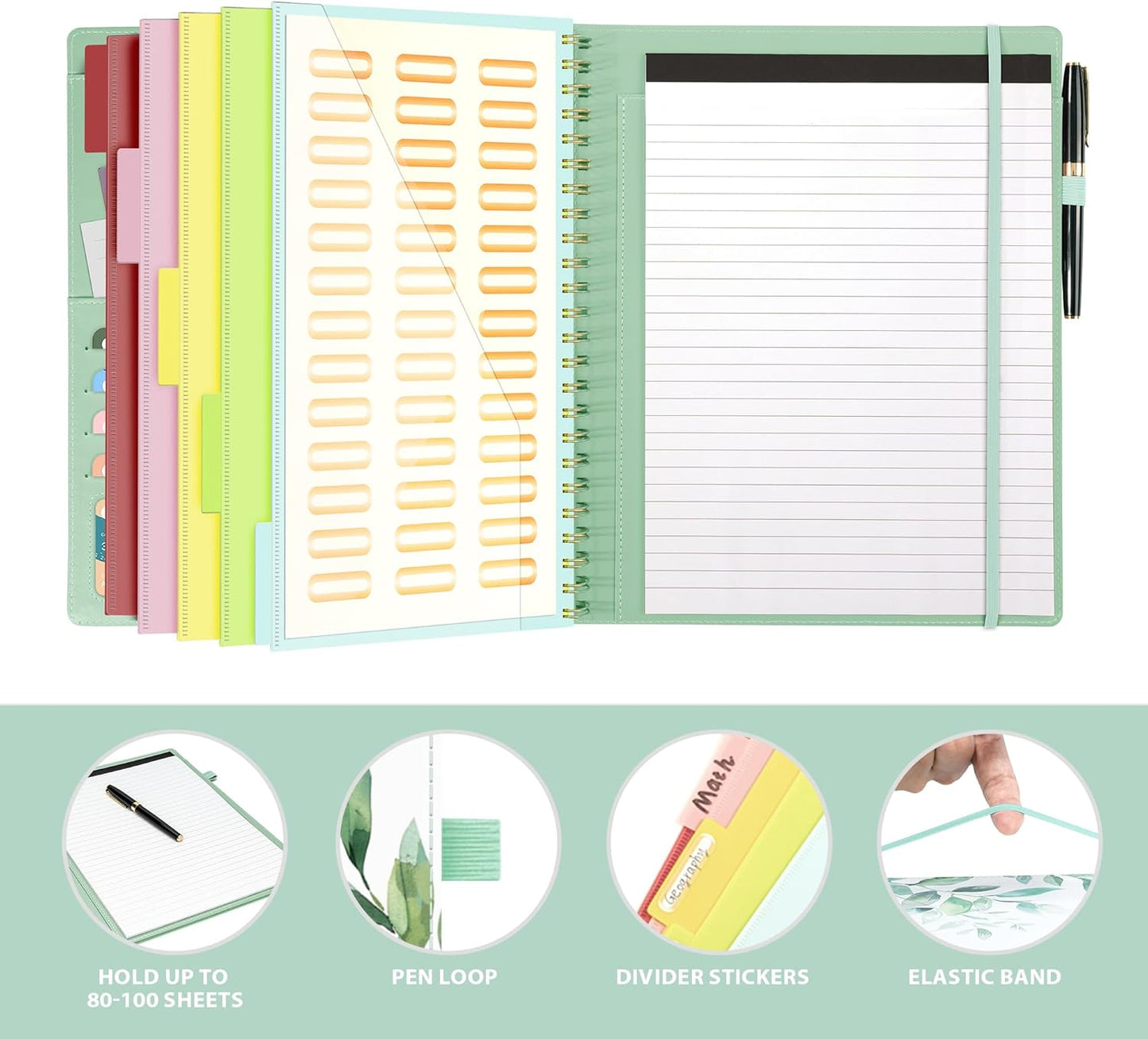 Clipboard with Storage for Men Women, Leather Padfolio Portfolio Organizer 5 Folders with 10 Pockets, Spiral Clipboard Folio with Notepad for Letter Size, Elastic Closure and Pen Loop Green Plants