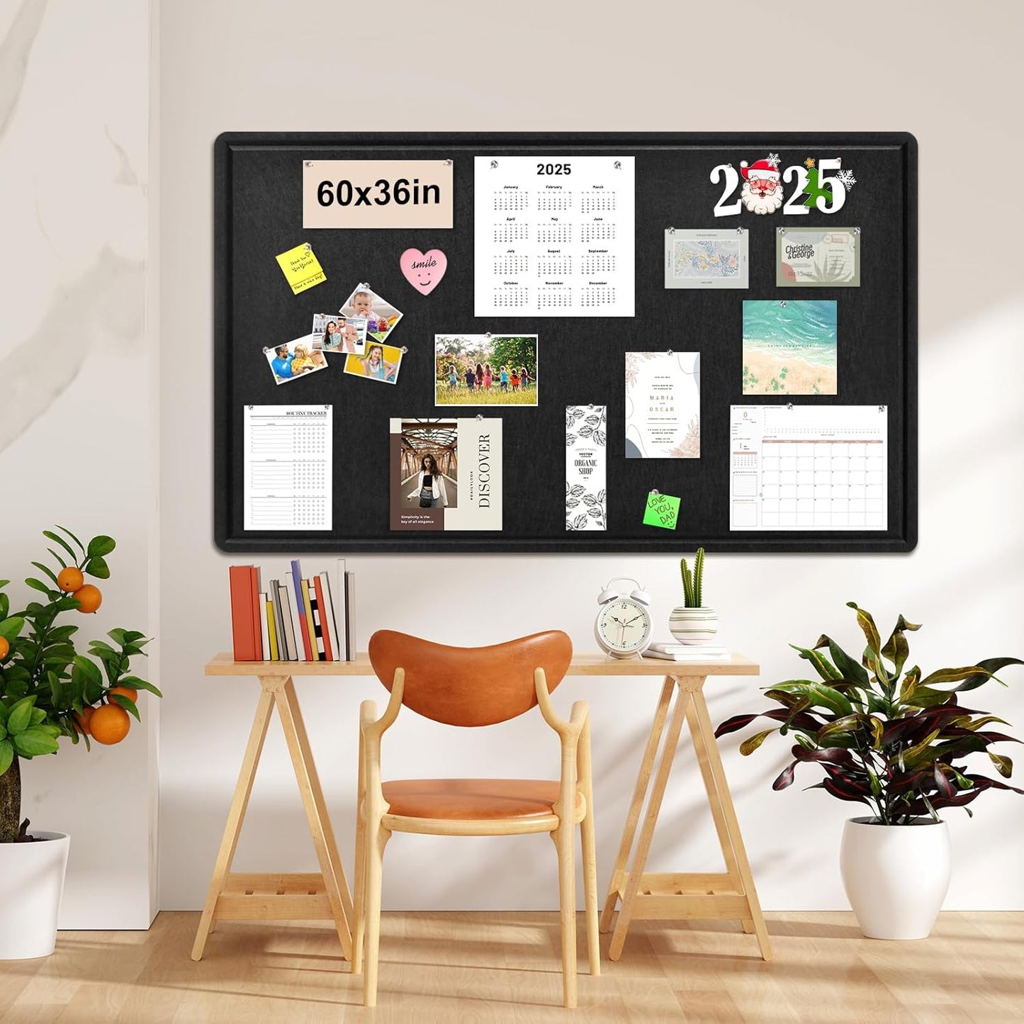 Large Bulletin Board - 60 x 36 Inches, Foldable Decorative Felt Board for Wall Photo Display Board with Self-Adhesive Tape, Includes 36 Push Pins - Black