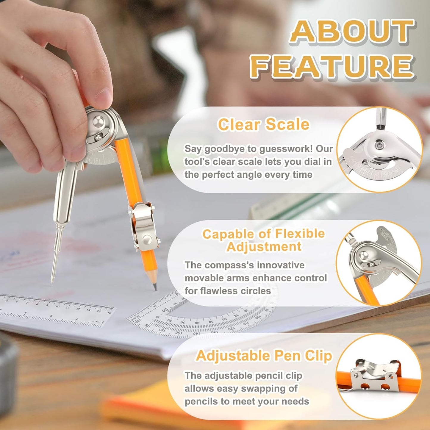 4 Pieces Geometry Math Set Compass for Geometry Math Compass and Protractor Set Include Metal Compass with Pencil Plastic Ruler and Protractor for Student School Office Woodworking Drawing Tools