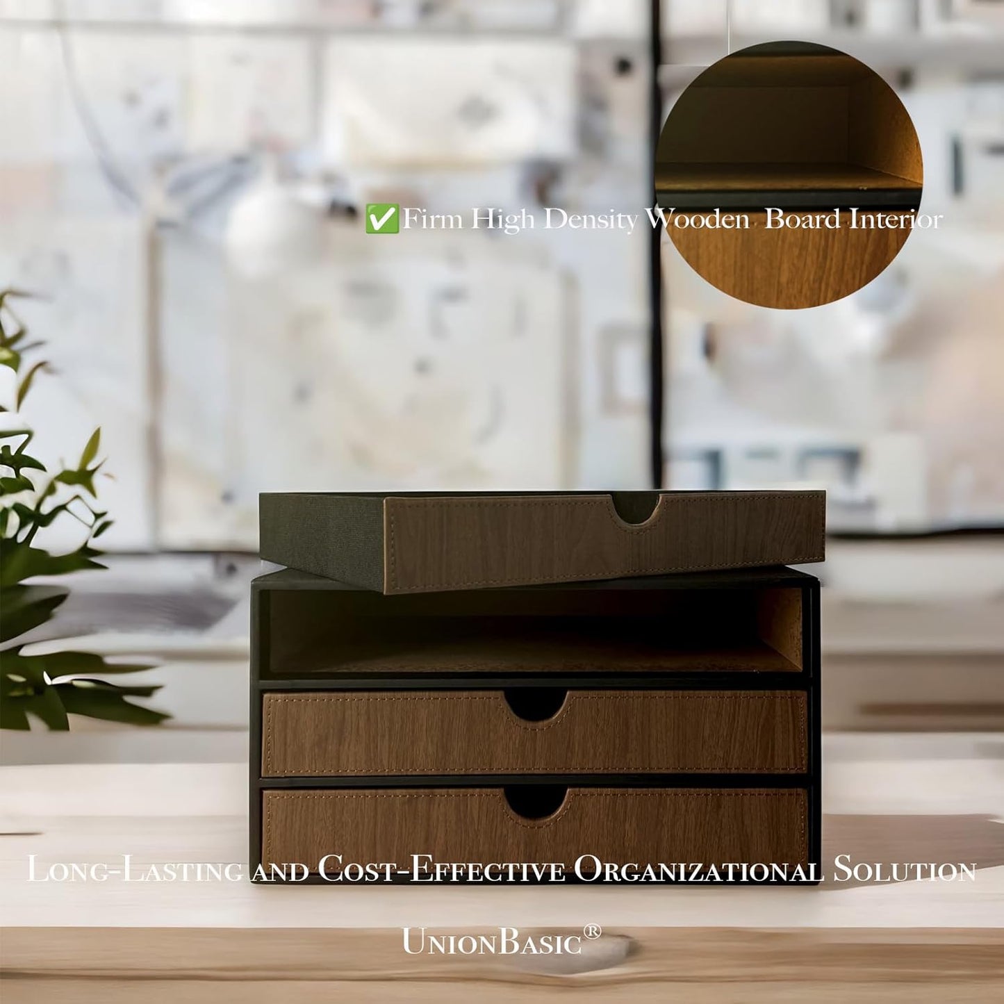 UnionBasic Document Organizer, 3-Drawer File Cabinet Document Storage Box, Office Desktop Filing Organizer, Black with Wood Grain Drawers