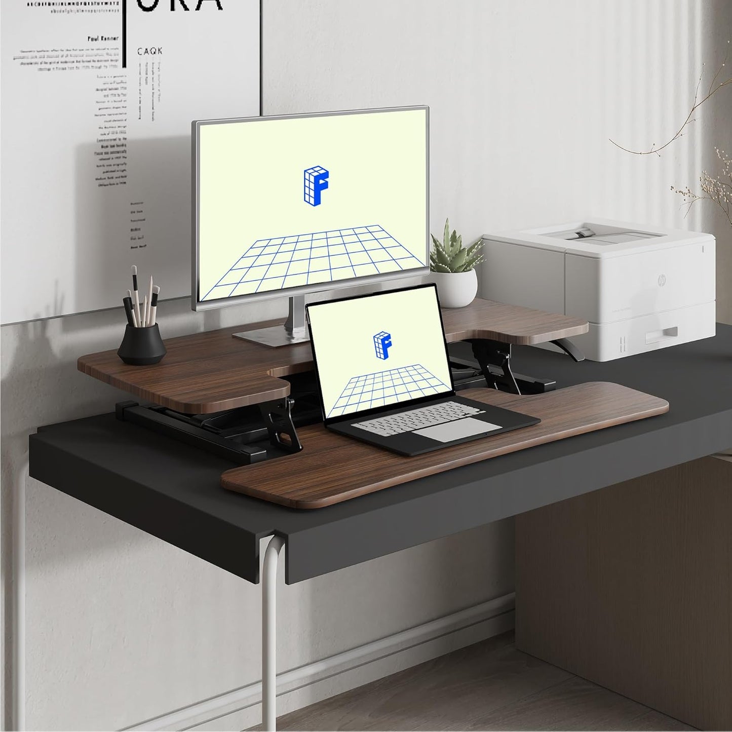 FLEXISPOT 35" Height Adjustable Standing Desk Converter Sit-to-Stand Desk Riser for Home and Office Computer Workstation with Wide Keyboard Tray, Walnut Color