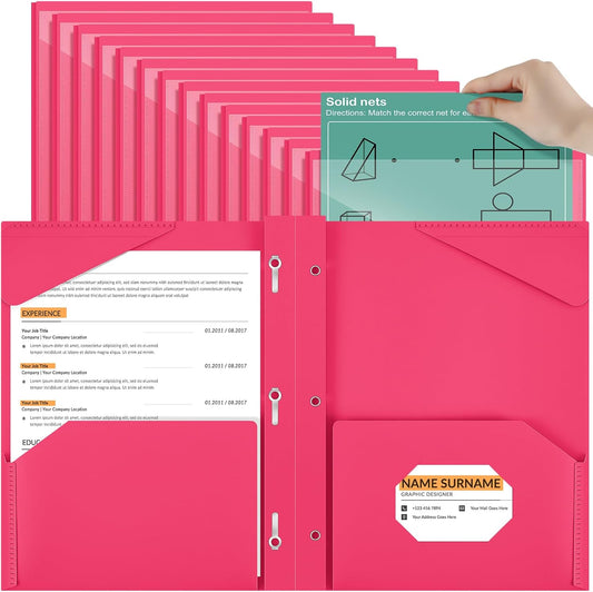 Henoyso 36 Pcs Plastic Folder with Clear Front Pocket and 3 Prong Plastic Folders with Card Slot Pocket Folders with Prongs for School Office (Rose Pink)