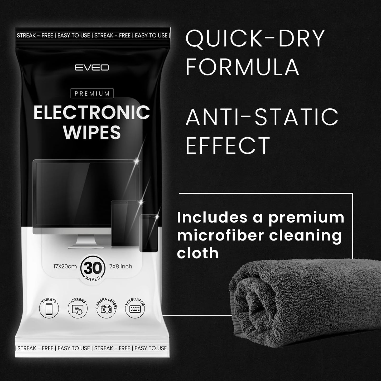 EVEO Electronic Wipes Screen Cleaner - Screen Wipes TV Screen Cleaner Wipes, Computer Screen Wipes, Laptop Screen Cleaner, ipad & Monitor Cleaner, Screen Cleaning Wipes - [90 Wipes + Microfiber Cloth]