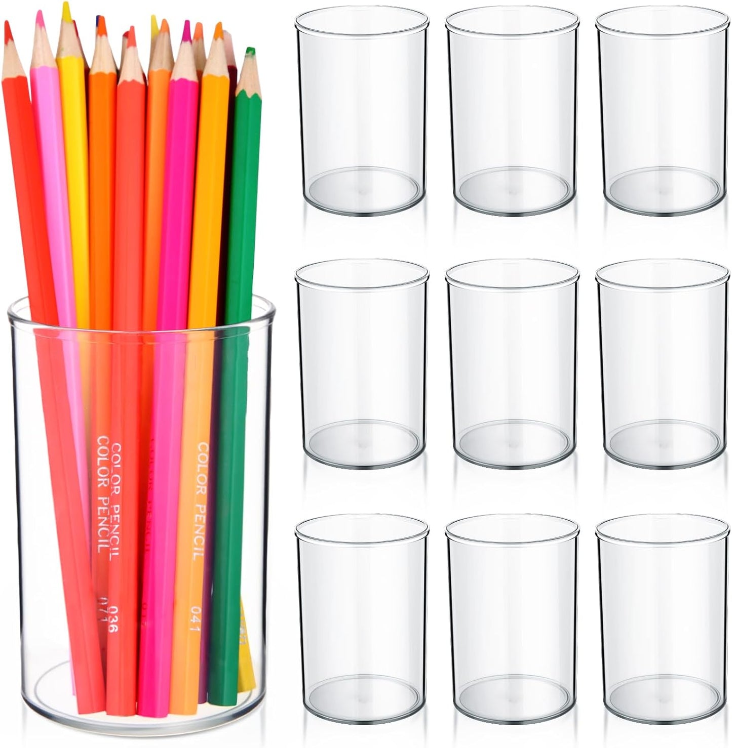 Crtiin 10 Pack Clear Acrylic Pen Holder Makeup Brush Round Pencil Holder for Desk Pen Cups Desk Organizers and Storage Desktop Stationery Organizer for Office School Home Supplies