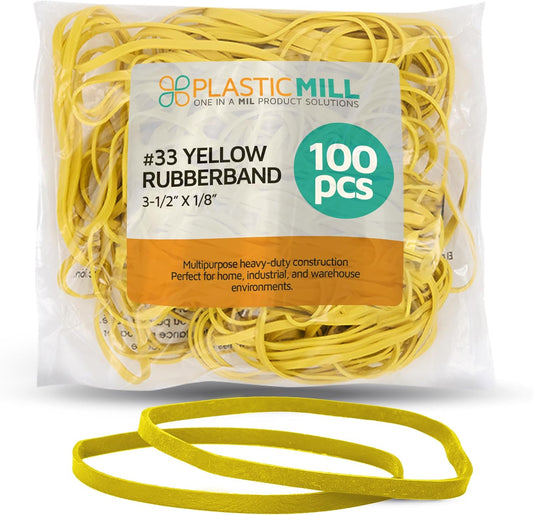 Plastic Mill Rubber Bands Thick Size #33 | Yellow Durable RubberBands 100 Count /pack | 3 1/2 x 1/8" Multi-Purpose Band | Elastics large Long Rubber for Office Supply, File Folders, box, Books, gifts, Notebook|