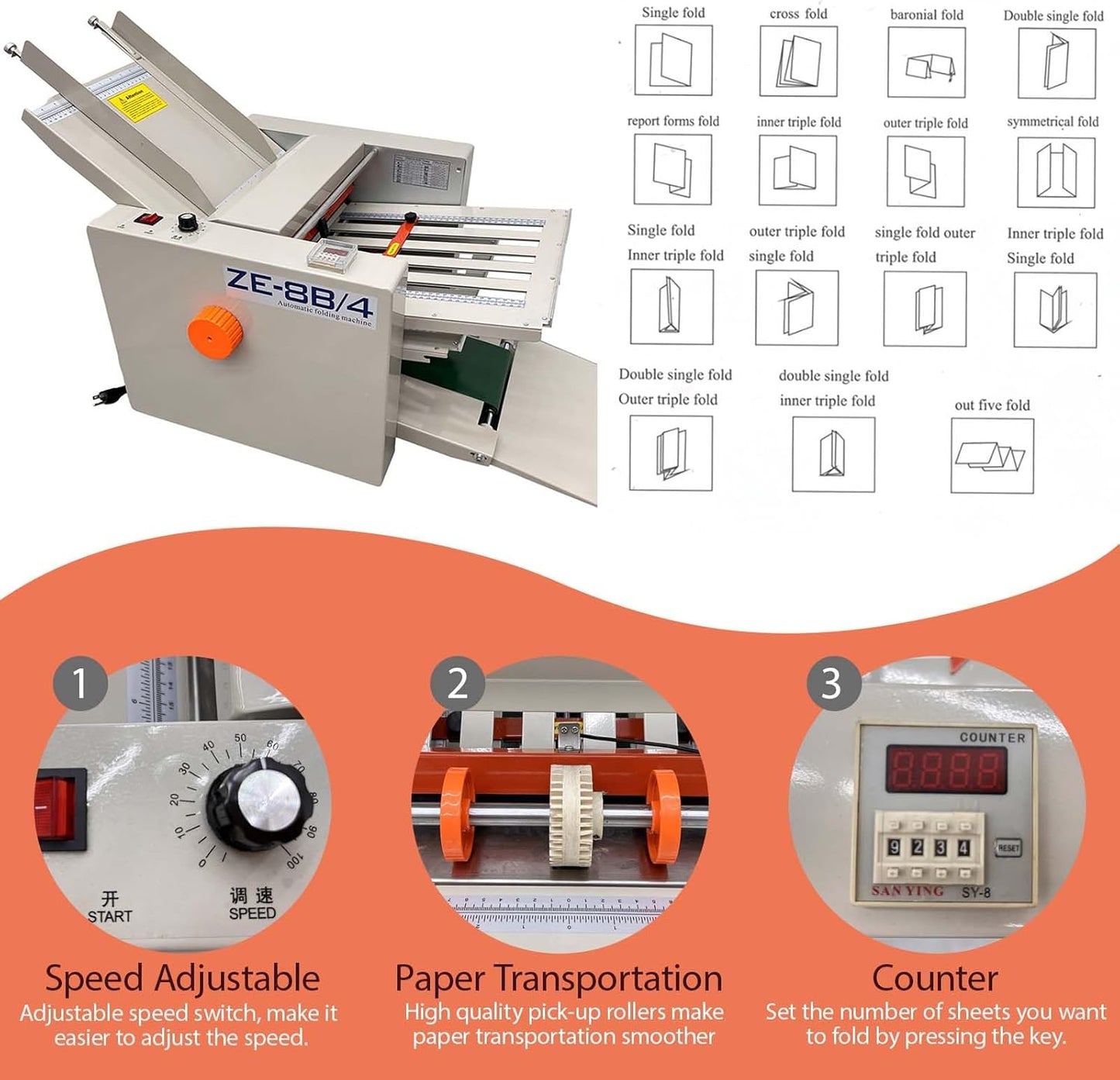 Automatic Paper Folding Machine Digital Electric Document Folder Electronic Counter with 4 Folding Plates 262ft/min Z-Fold, Half-fold, Letter Fold for Manuals Document