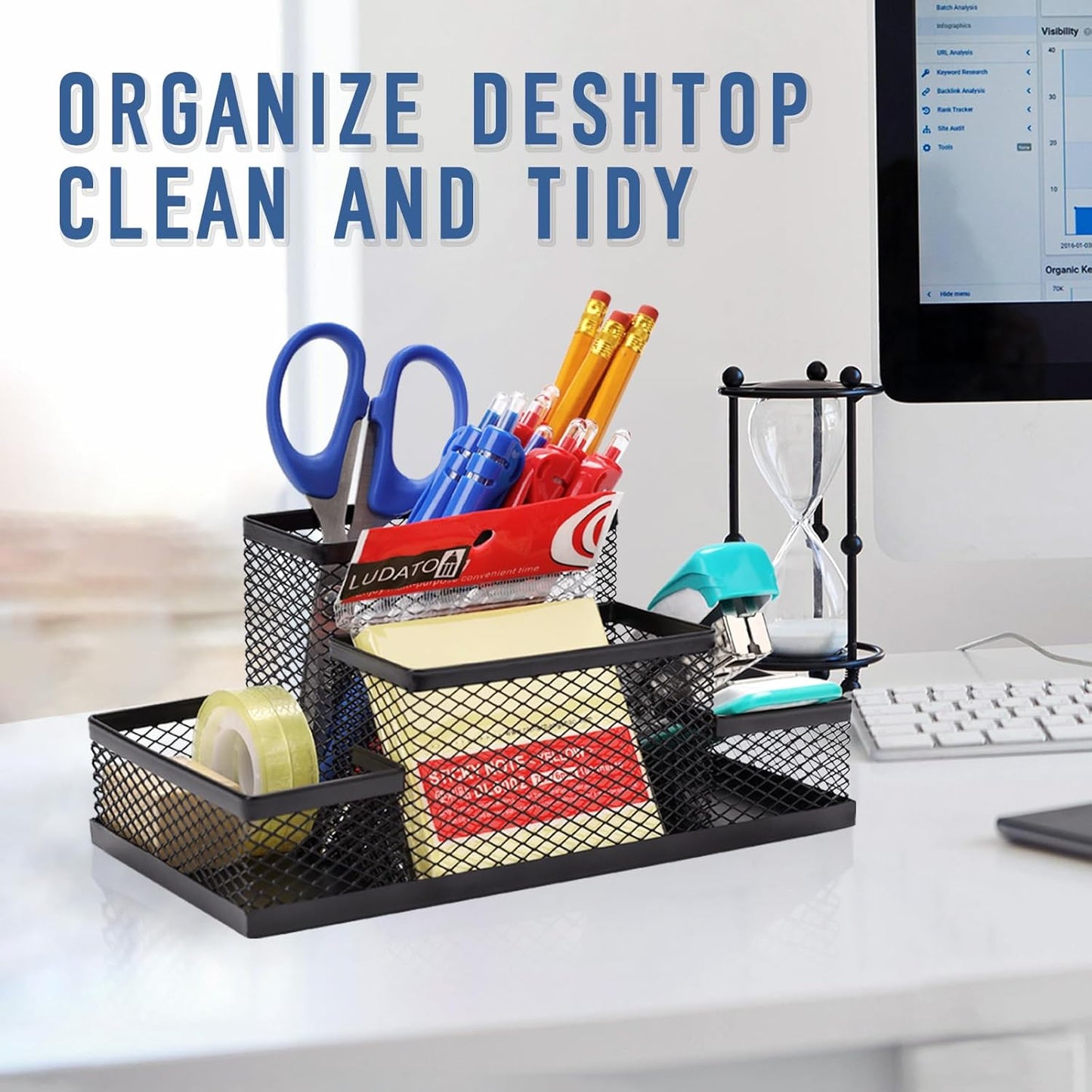 Ludato Desk Organizers Pen Holder for Desk, 4 Compartments Black Mesh Pen Holder Storage for Office Desk Accessories