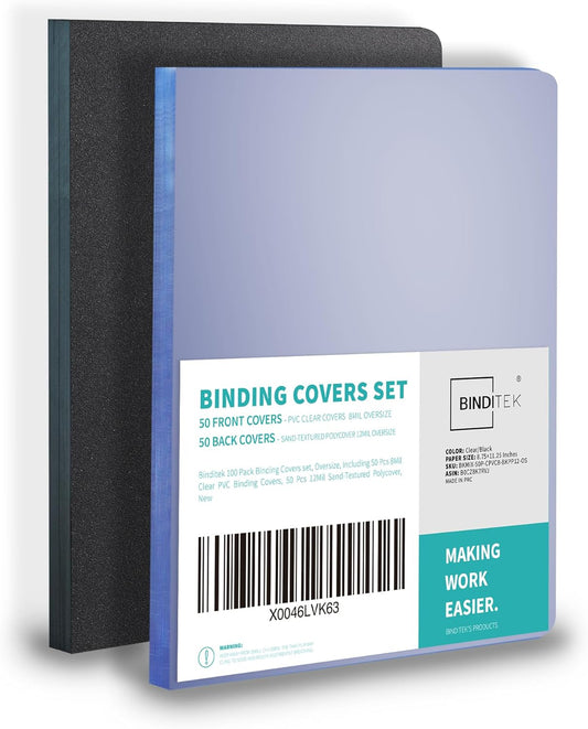 Binditek 100 Pack Binding Covers and Backs Set, 8.75 x 11.25 Inches, 50 Clear PVC (8Mil), 50 Sand-Textured Polycovers (12Mil), Oversize