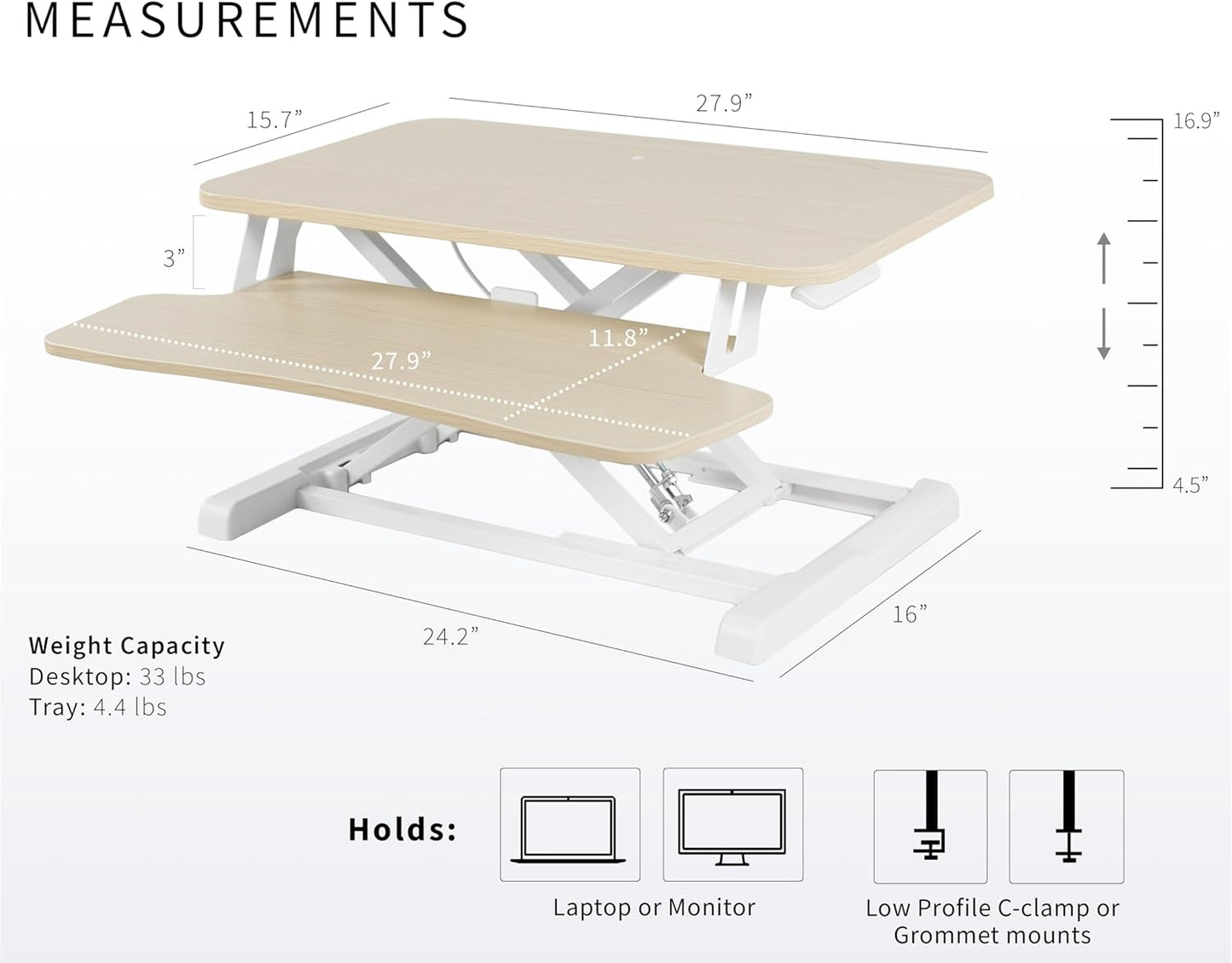 VIVO 28 inch Desk Converter, K Series, Height Adjustable Sit to Stand Riser, Dual Monitor and Laptop Workstation with Keyboard Tray, Light Wood Top, White Frame, DESK-V028KF