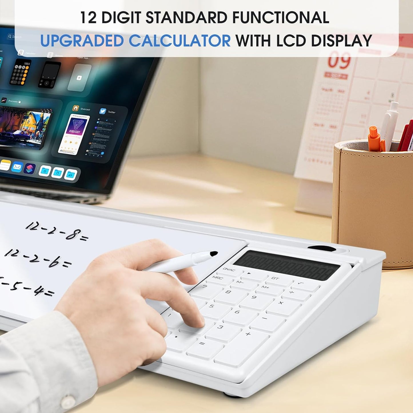 Varhomax Glass Desk Whiteboard with Calculator, Desktop Dry Erase White Board with Storage, to Do List Memo Notepad for Home and Office