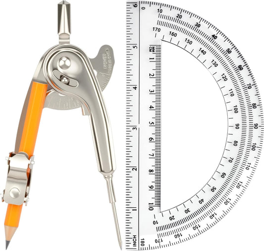 2 Pack Geometry Tool Set, Math Compass for Geometry and 6 Inch Protractor Set Include Metal Compass with Pencil and Clear Plastic Protractor for Student Classroom Office Woodworking Art Drawing