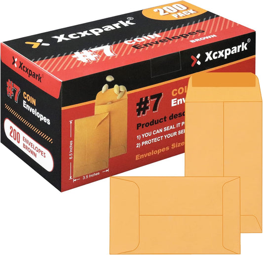 200PCS #7 Coin Envelopes 3.5x6.5 inches Brown Kraft Envelopes Classic Small Parts Gummed Flap for Coins, Cash, Credit Cards, Seeds