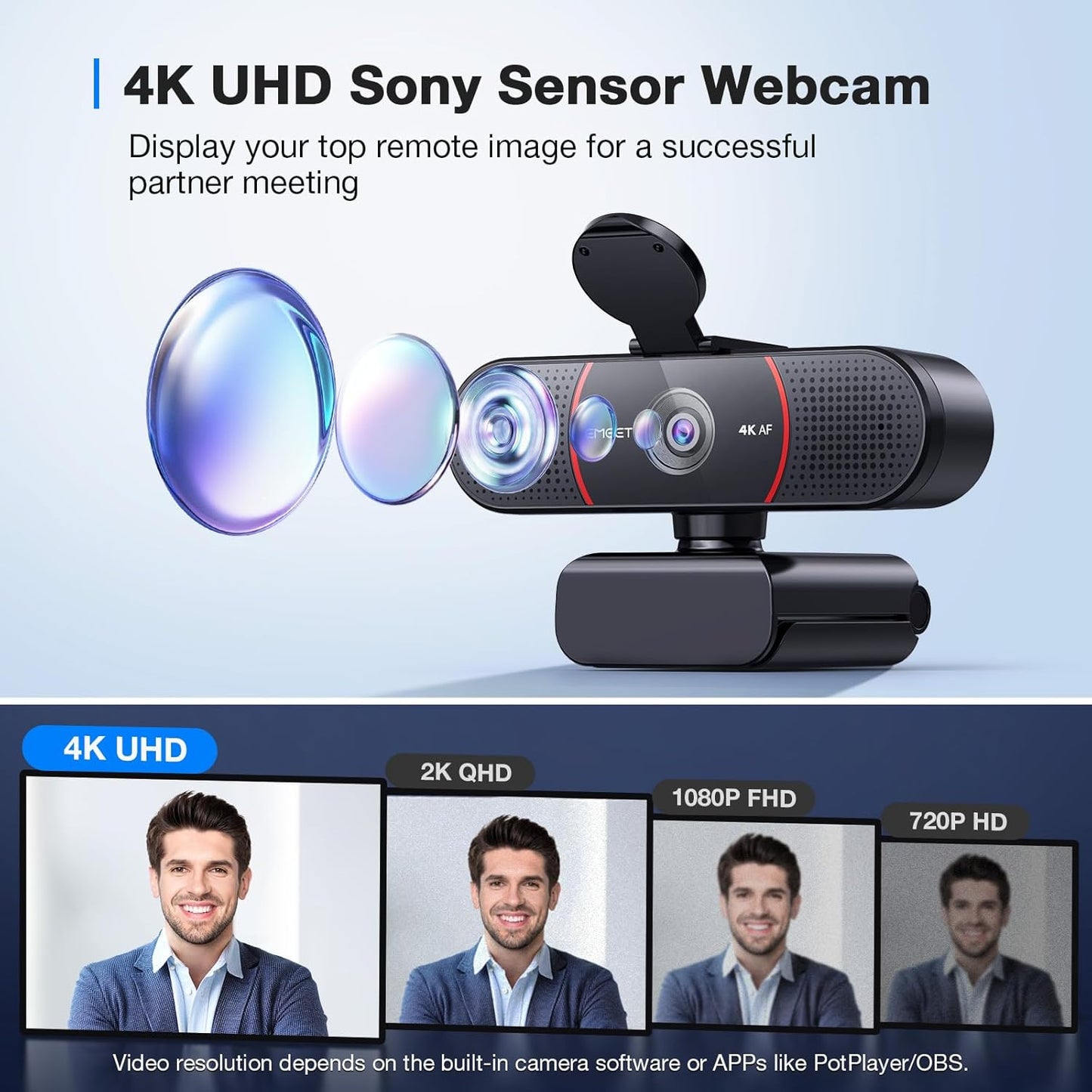 EMEET C960 4K Webcam for PC, 4K UHD Sony Sensor, PDAF Auto Focus, Dual AI Noise-Cancelling Mics, Auto Light Correction, 73° FOV, Plug&Play Webcam w/Privacy Cover, Works w/Zoom/Teams/Skype/Google Meet