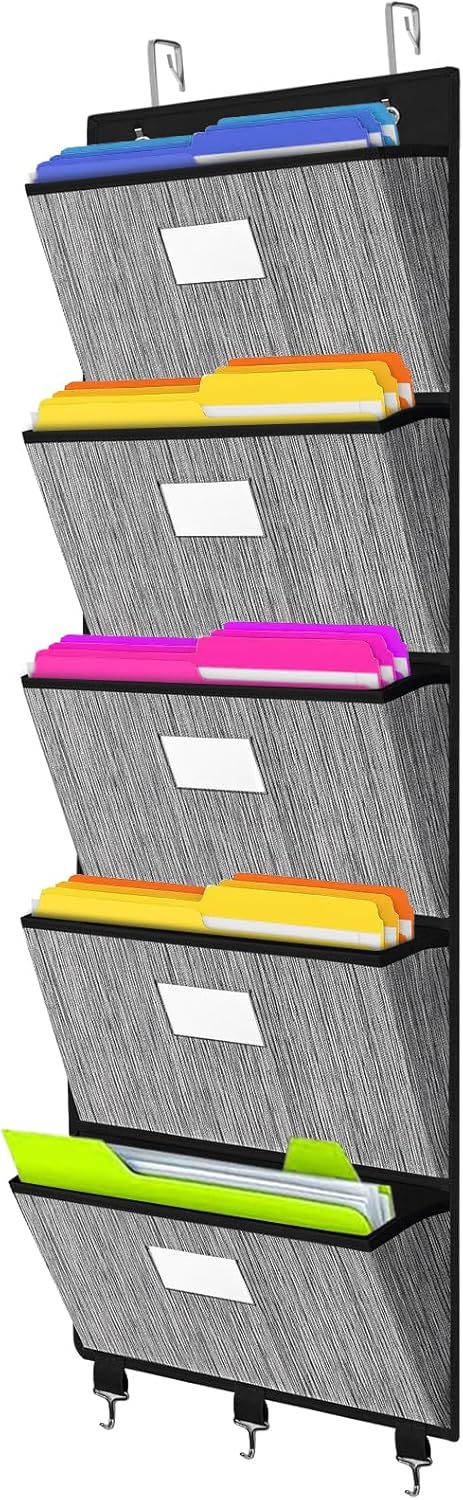 homyfort Over the Door File Organizer, Hanging File Folders, Wall Organizers and Storage for Mail, Magazine, Notebooks, Planners, Office, Classroom, 5 Extra Large Pockets, 50.39” Tall (Black)