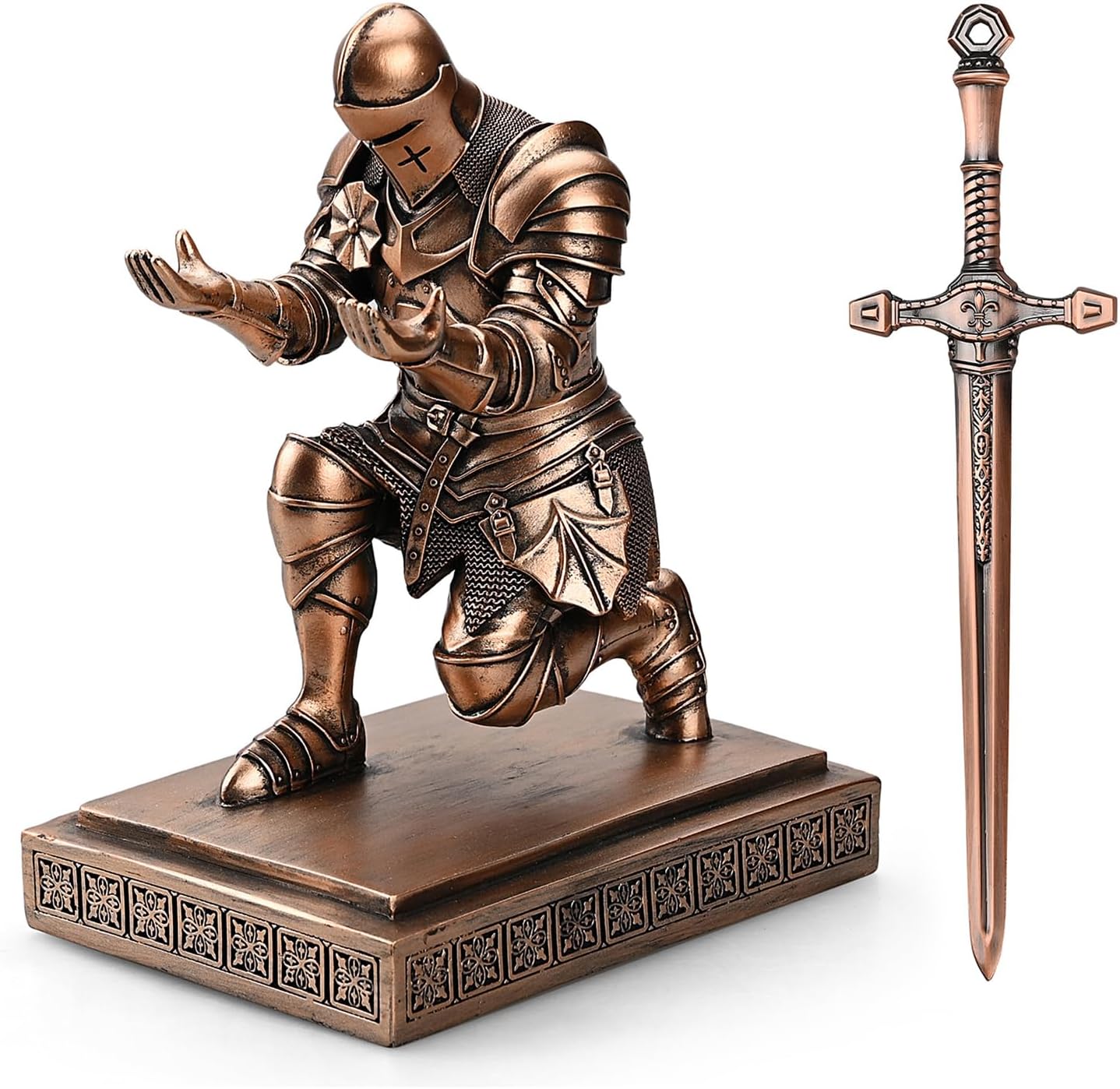 Medieval Armored Warrior Knight Pen Holder Desk Organizers and Accessories Resin Pencil Holder Paperweight as Gift with a Cool Letter Opener for Desk (Copper)