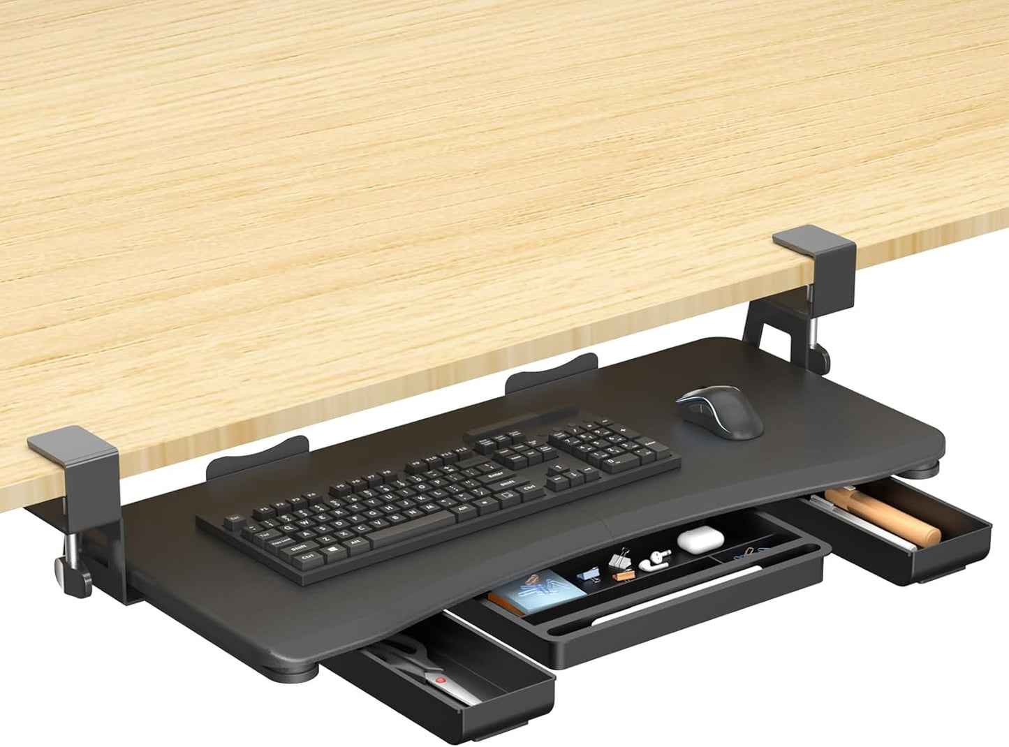 suptek Under Desk Keyboard Tray with Storage Drawer – 26.7" x 11.8" Large Workspace, Heavy-Duty C-Clamp Mount, Adjustable Height, Easy Installation – Perfect for Home Office, DSF6CT