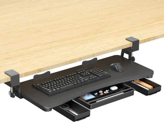 suptek Under Desk Keyboard Tray with Storage Drawer – 26.7" x 11.8" Large Workspace, Heavy-Duty C-Clamp Mount, Adjustable Height, Easy Installation – Perfect for Home Office, DSF6CT