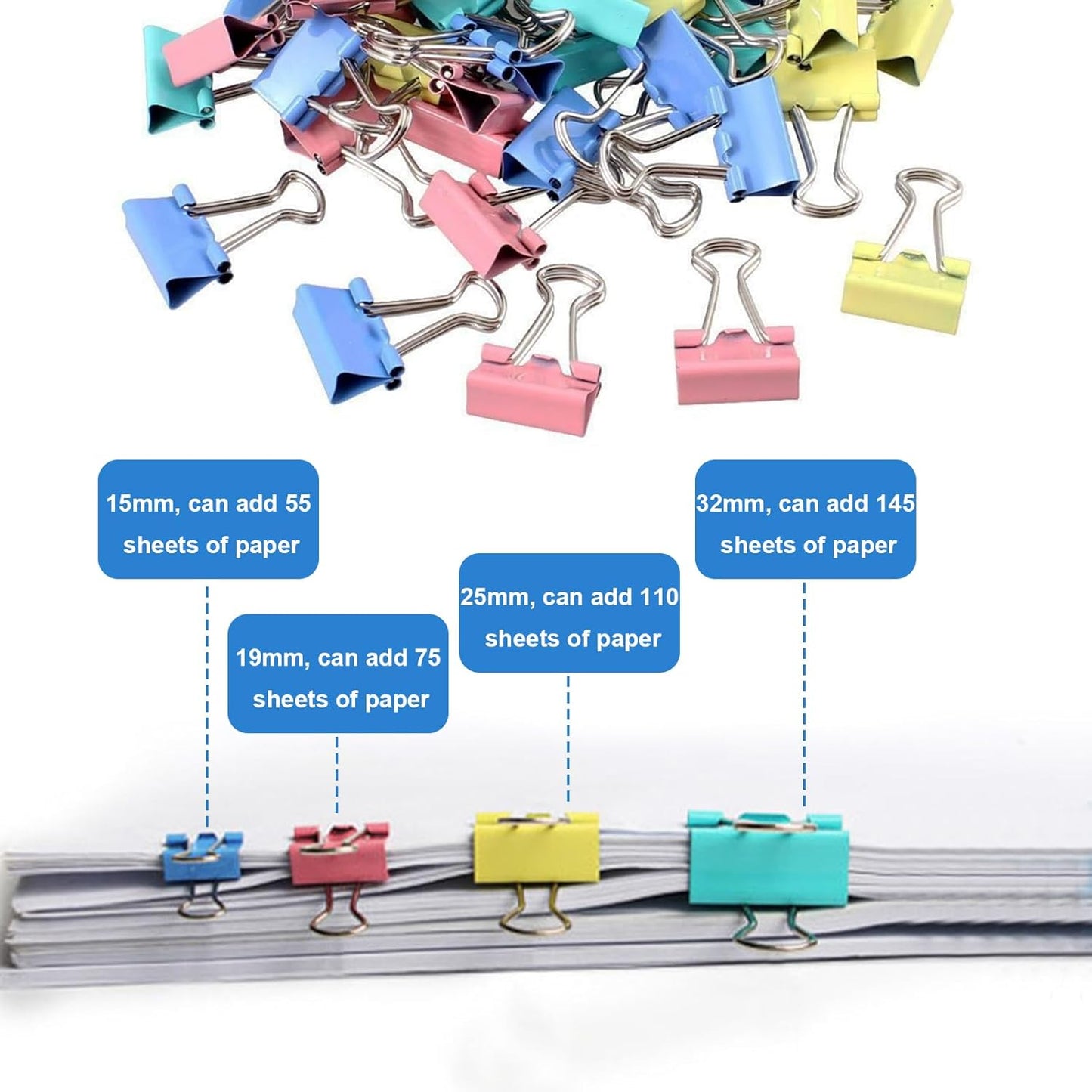 170 Pcs Binder Clips Assorted Sizes, Colored Large, Medium, Small Binder Paper Clips for Office Supplies, Home, School Document Organizing (Blue, Pink, Yellow, Green)