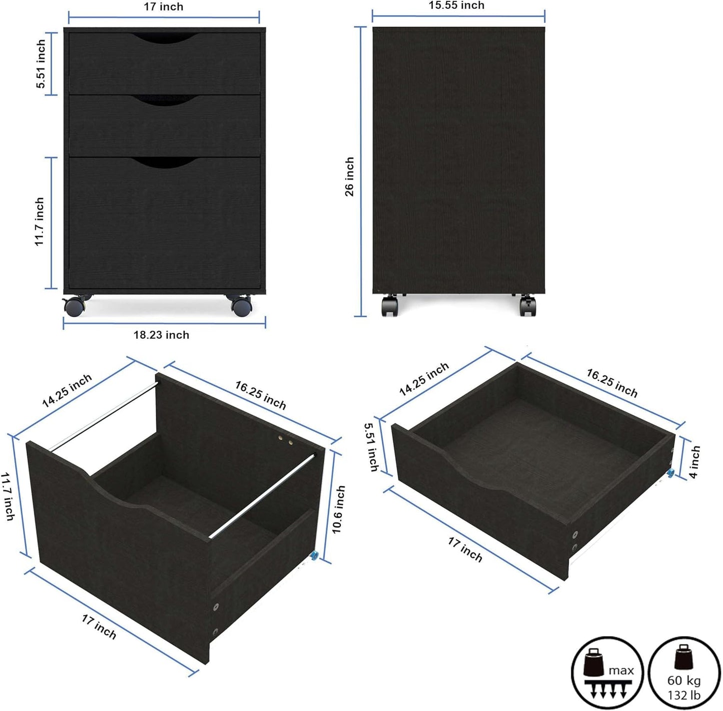 QDSSDECO 3 Drawer Mobile File Cabinet, Rolling Vertical Filing Cabinet fits A4, Legal Paper and Letter Paper for Home Office, Black