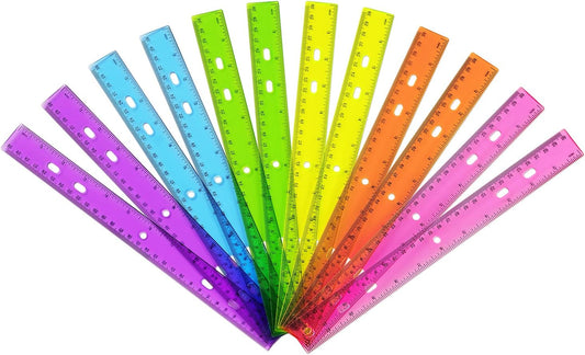 ZZTX 12 Pack Color Transparent Ruler Plastic Rulers 12 Inch, Metric Bulk Rulers with Inches and Centimeters, Kids Ruler for School, Home, Office