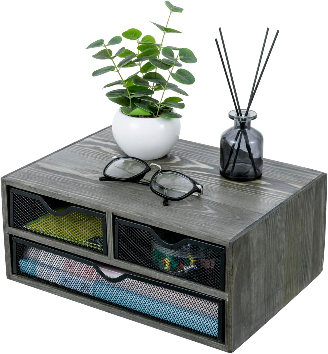 MyGift Vintage Weathered Gray Solid Wood Desktop Organizer Box with 3 Removable Black Metal Mesh Trays, Office Desk Supplies Storage Drawers for Accessories