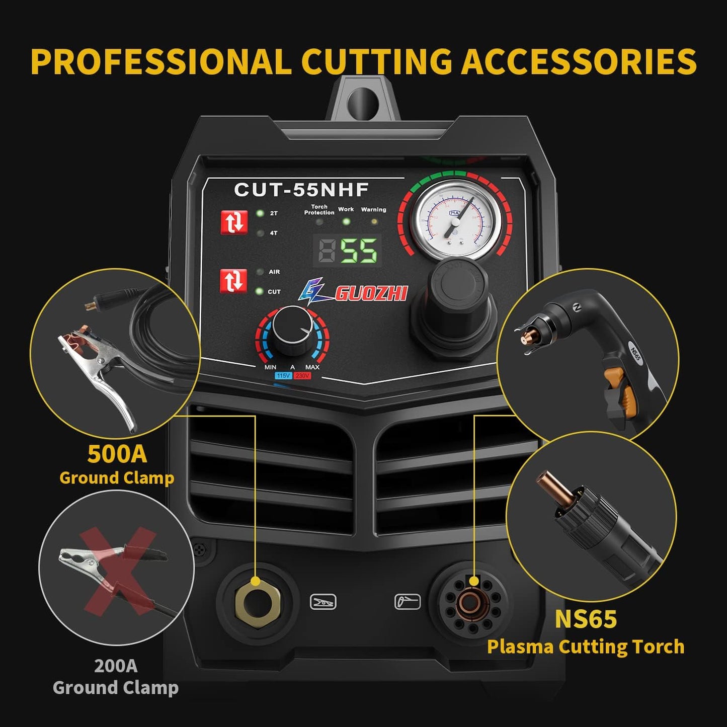 GZ GUOZHI CNC Plasma Cutter, 55 Amp Non-HF Non-Touch Pilot Arc, THC Torch Height Control Enabled, Dual Voltage 110V/220V Digital Plasma Cutter Machine