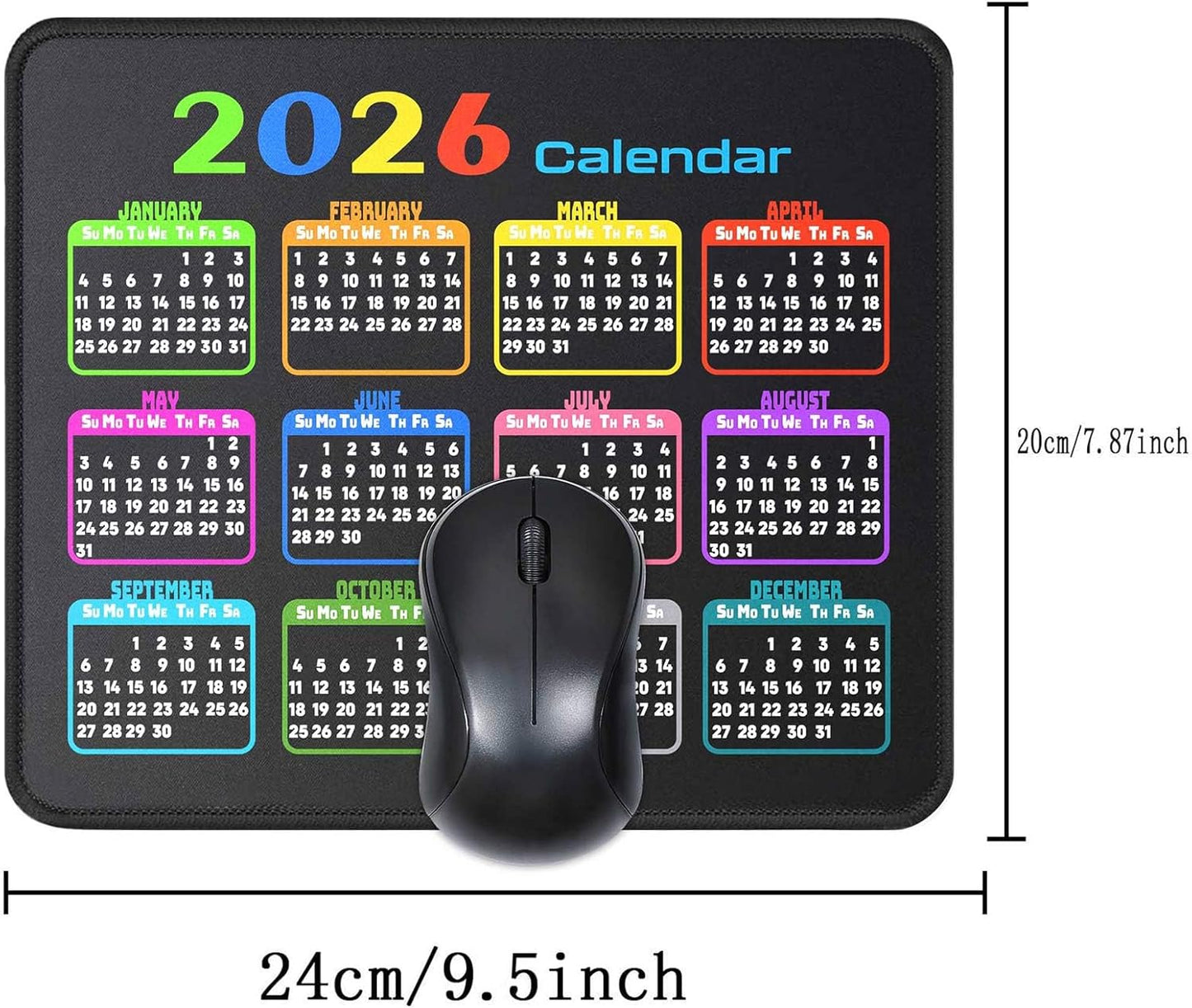 Calendar Mouse Pad 9.5 X 7.8 in, Mouse Pads with Stitched Edges and Non-Slip Rubber Base, Home Office Desk Decor Accessories for Computer Laptop Work Gaming (Black 2026)