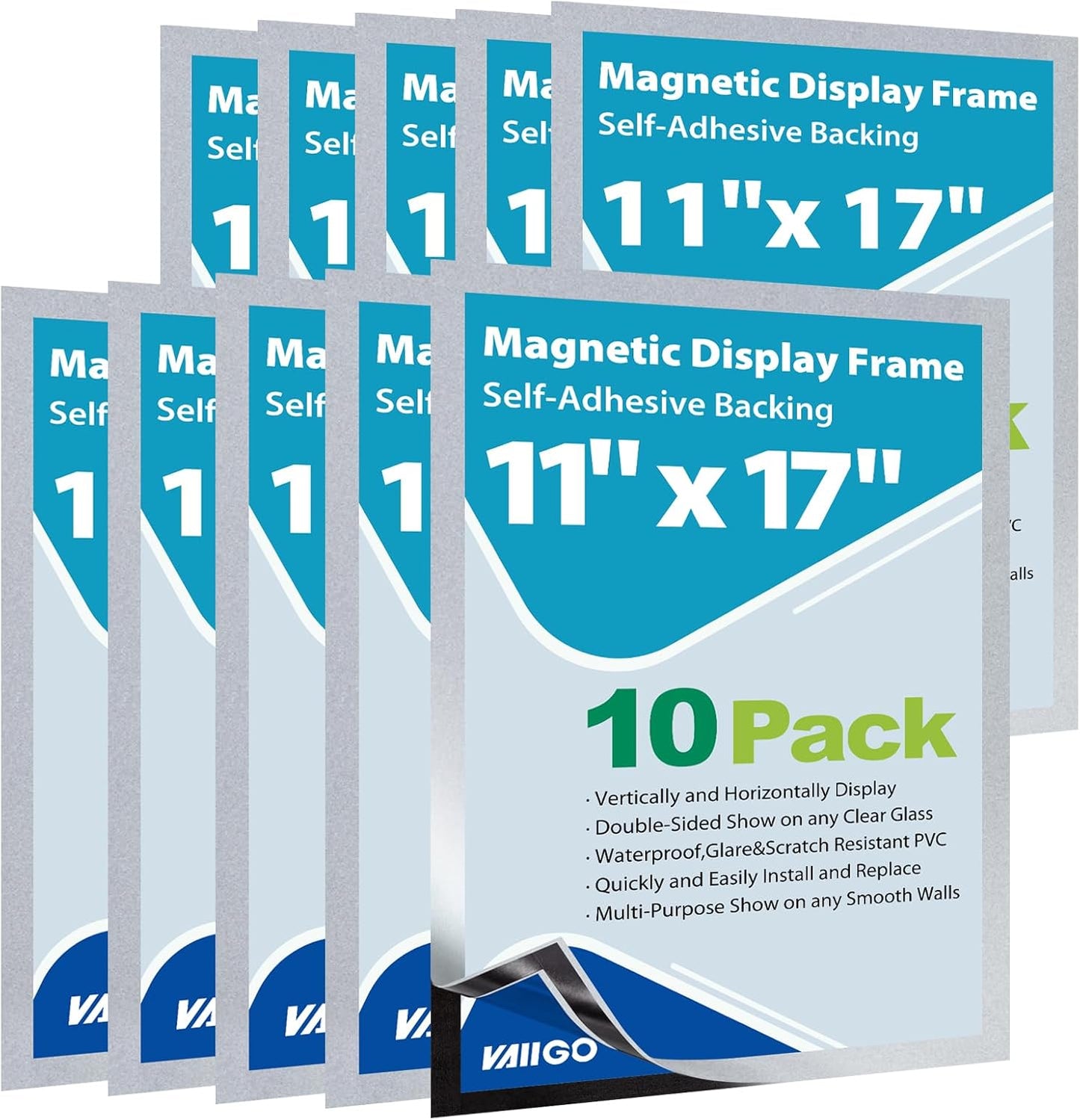 10Packs Magnetic Sign Holder, 11x17 Self Adhesive Display Frame with Strong Magnetic Frame and Clear PVC for Office Store Home Door Window Refrige Magnetic Paper Holder, Silver