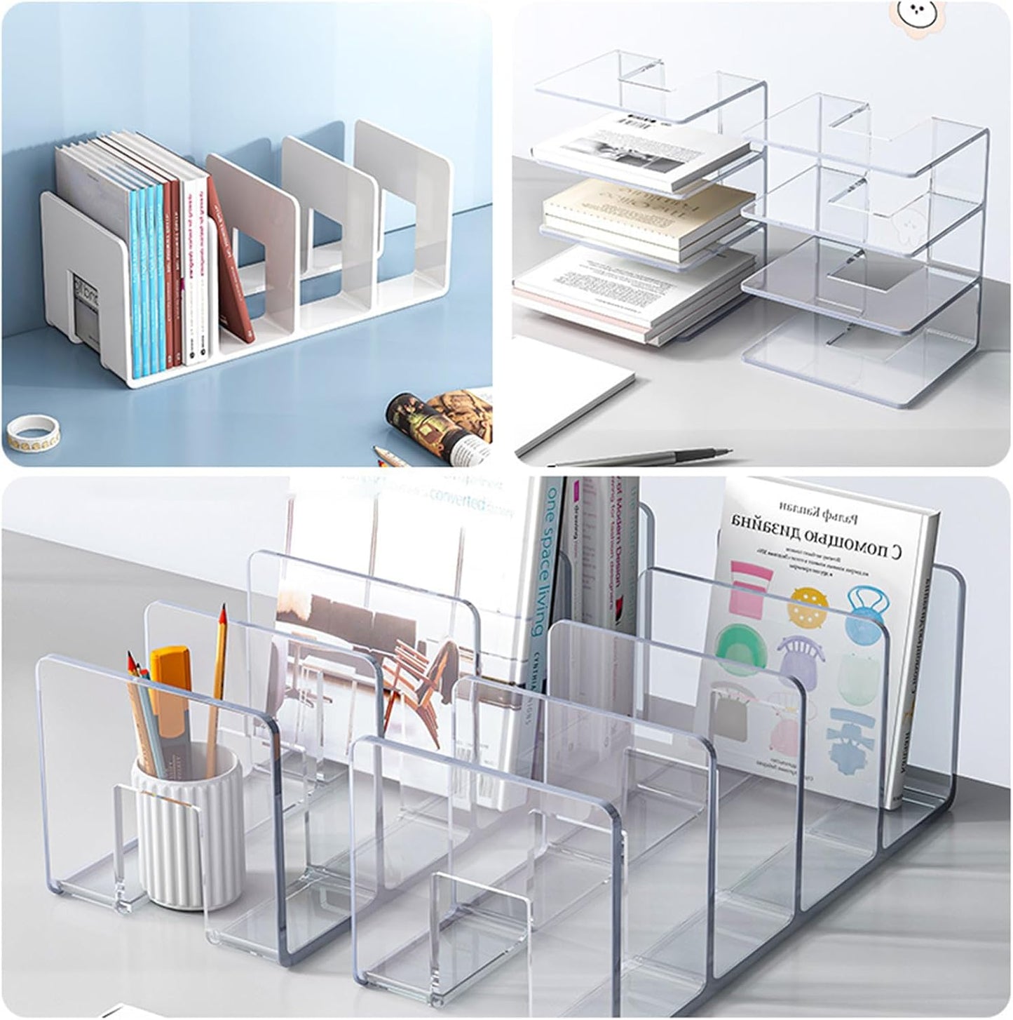 2PCS Acrylic File Organizer for Desk, Desktop Document/Mail Organizer, 4 Compartments Plastics Invisible Bookshelf Floating (12.5" x 5.7" x 5", White)
