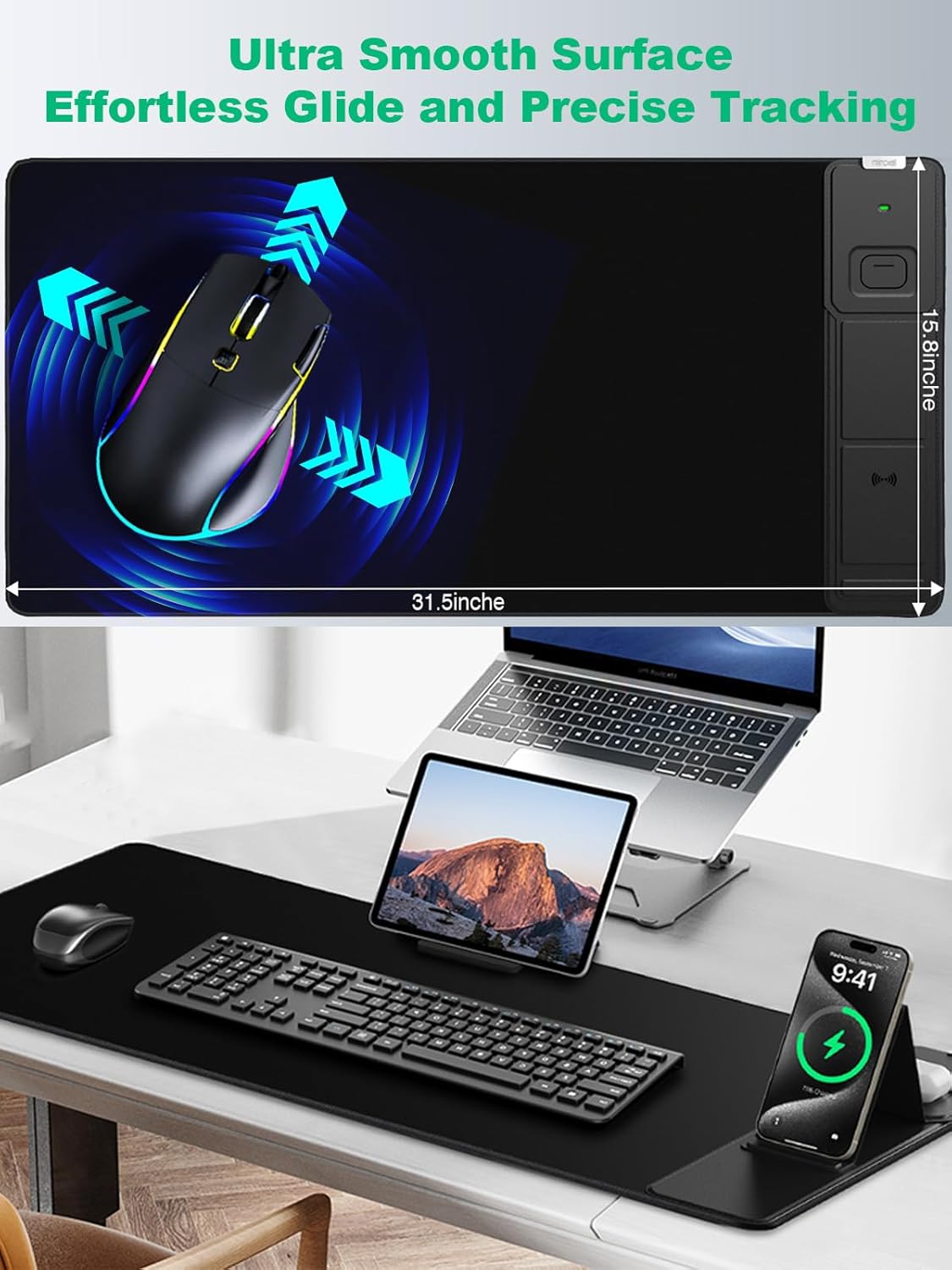 Mouse Pad, Office Desk Mat, Large Gaming Mousepad with Superior Micro-Weave Cloth, XXL Desk Pad with Stitched Edges, Non-Slip Writing Pad for Gamer, Laptop, Work & Home (Black (Charging On The Right))