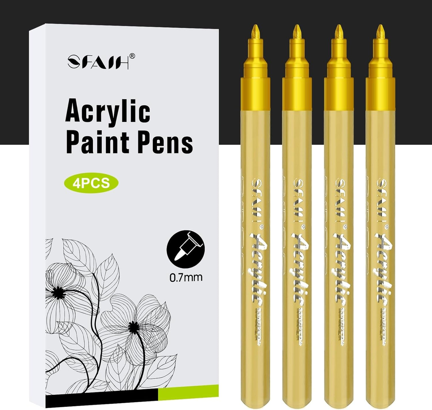 SFAIH Gold Paint Markers Pens - 4 Pack 0.7MM Fine Tip Metallic Acrylic Markers for Rock Painting, Wood, Metal, Fabric, Plastic, Canvas, Glass, Ceramic, Diy Crafts, Drawing, Tire