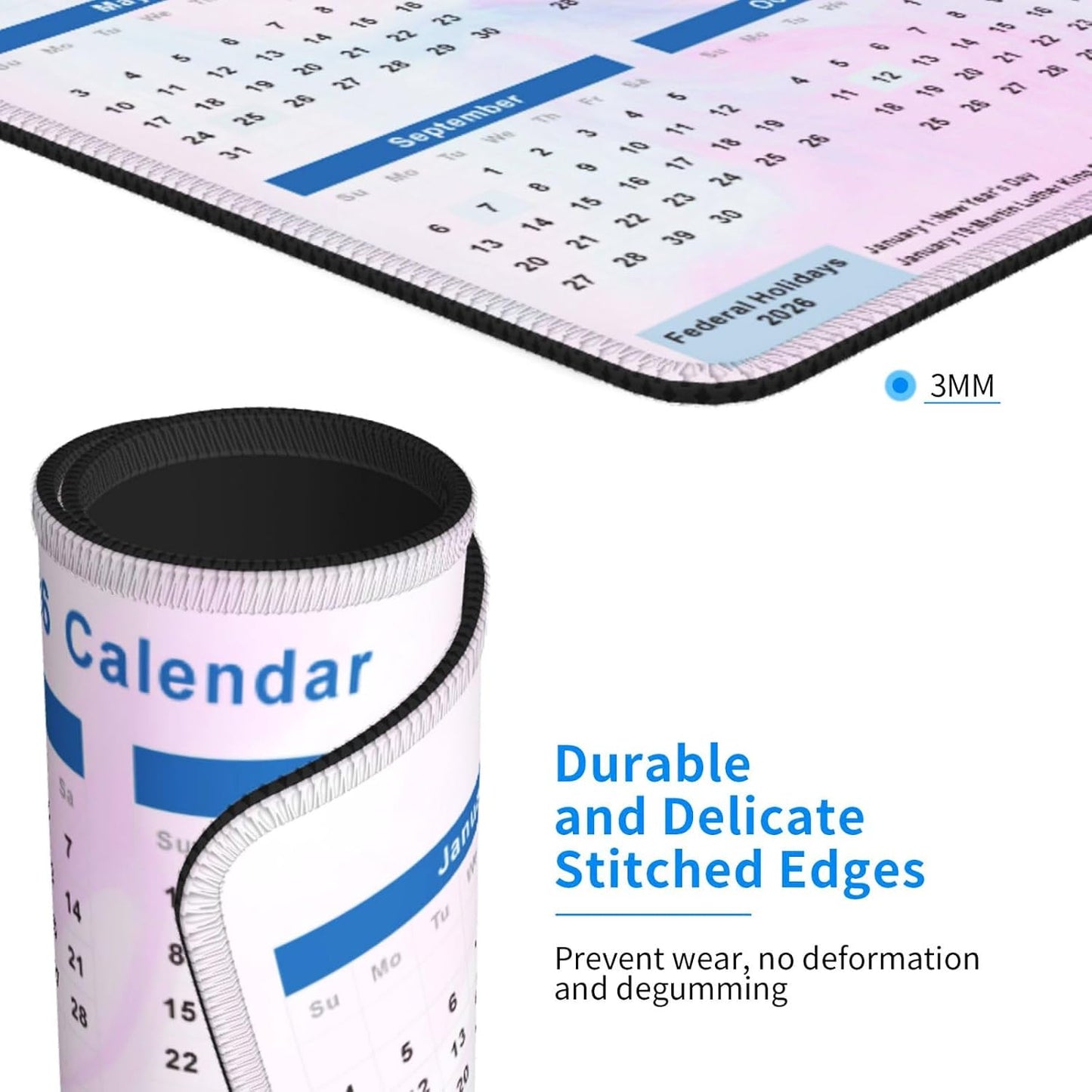2026 Calendar Mouse Pad, Cute Calendar with Holidays Mouse Pads, Non-Slip Rubber Base Mousepad for Office Desk Computers Laptop