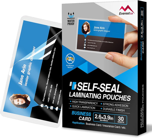 Everest Self Seal Laminating Pouches, Self Sealing for 2.6x3.9 Inch, Business Cards Size, Waterproof, 10 Mil Thick, Gloss Finish, No Machine Needed, 30 Pack