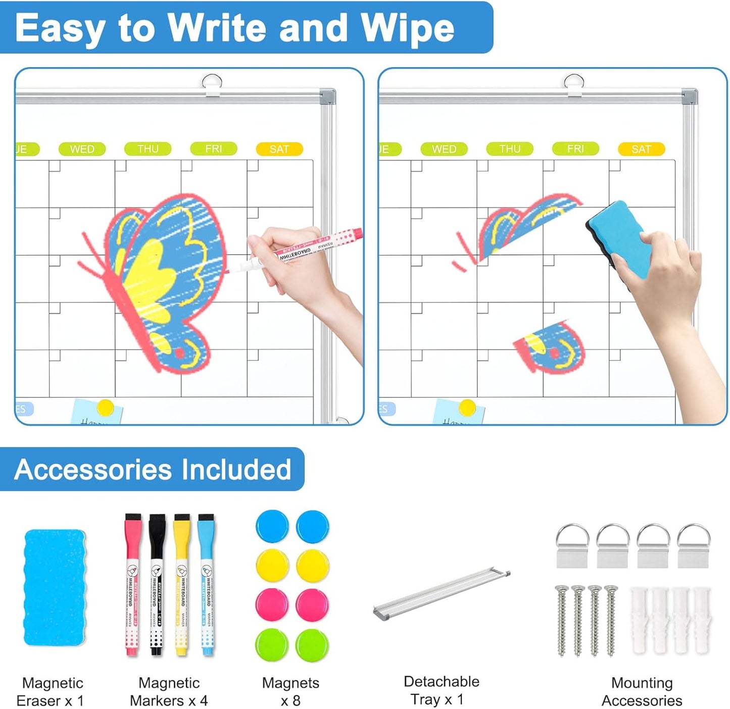 Dry Erase Calendar Whiteboard for Wall, WALGLASS 24" x 18" Magnetic White Board, Monthly Dry Erase Calendar with Silver Aluminum Frame, Double-Sided Hanging Portable Board for Office, Home, School