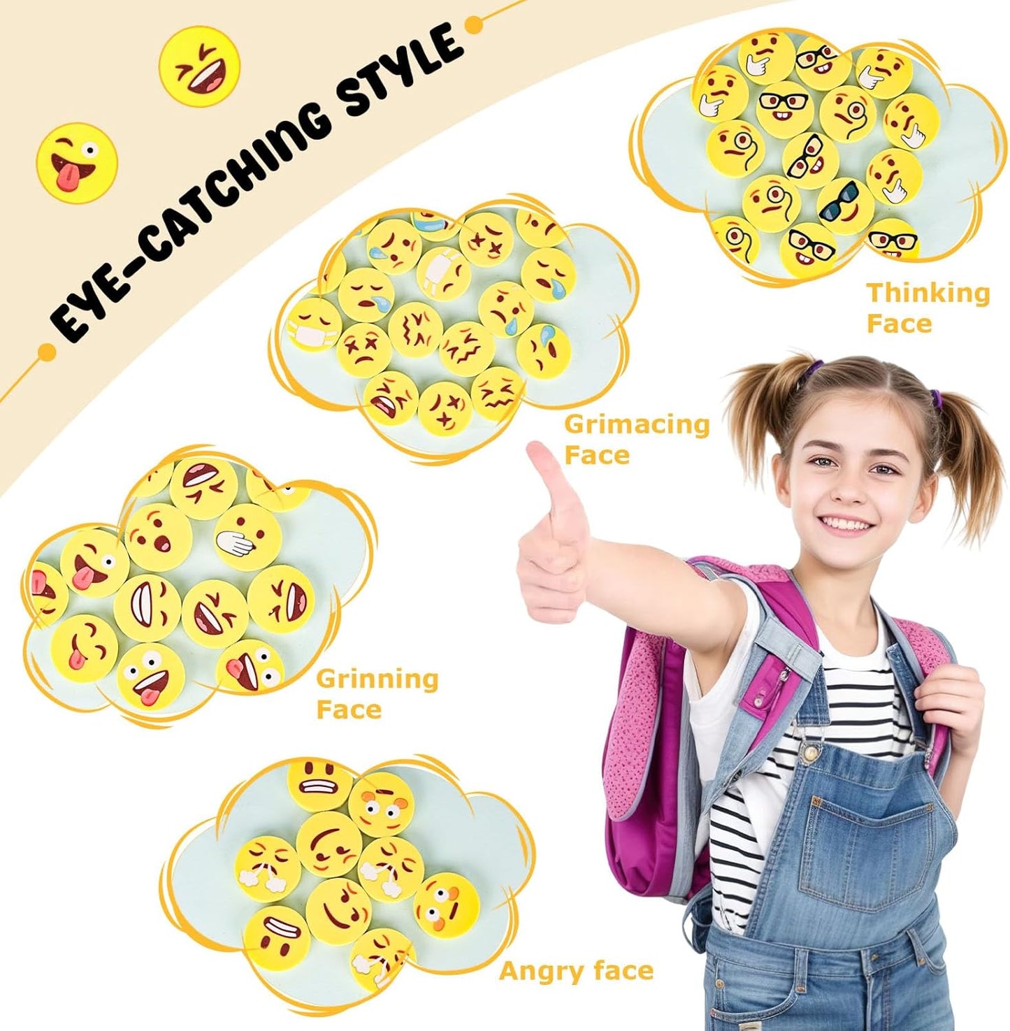 LovesTown Mini Erasers Bulk for Kids, 60 Pcs Fun Mini Cute Erasers for Back to School, 1inch Small Fun Emoticon Round Eraser for Classroom Rewards Gift Bag Filler, Students, Carnival Prizes