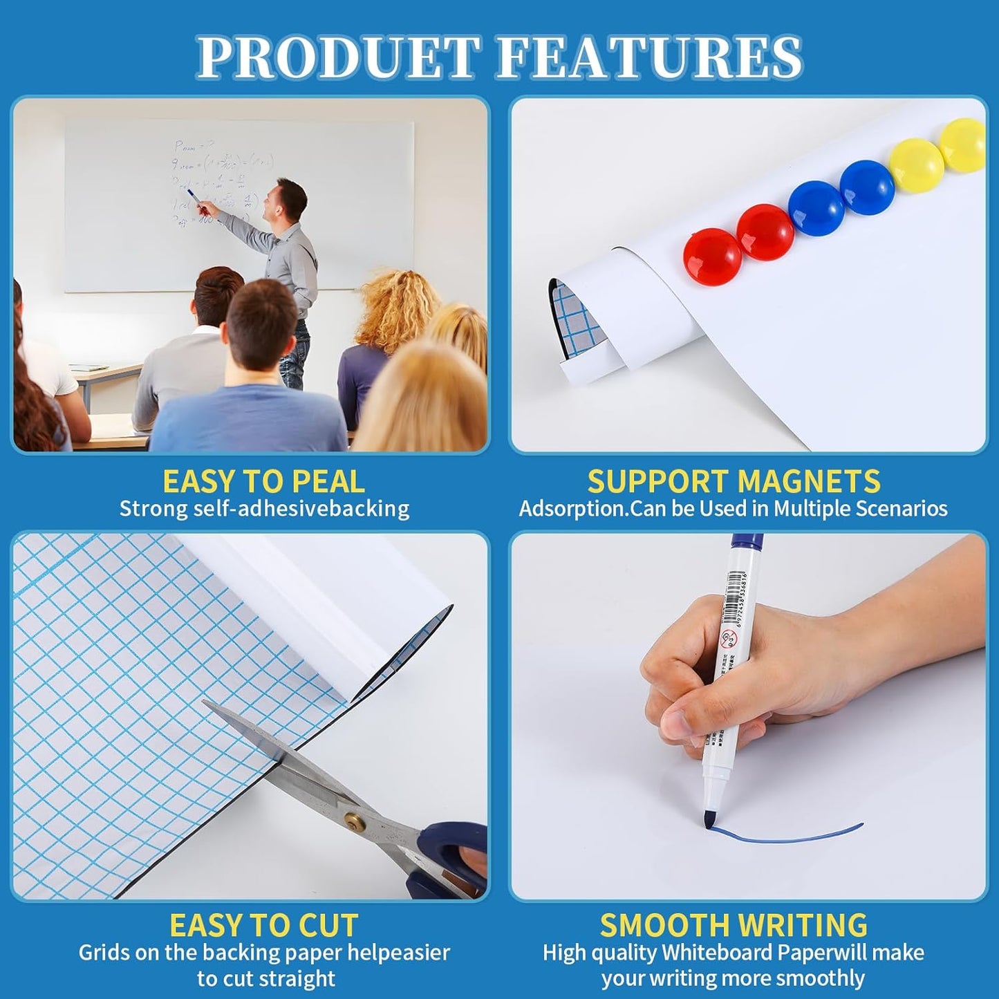 Magnetic Dry Erase Whiteboard 24"x16"- Self-Adhesive Flexible Wall Board Kit with 11 Markers, 6 Magnets, Magnetic Eraser & Holder - Ultra Smooth Writing,Effortless Clean for Office, Home, School