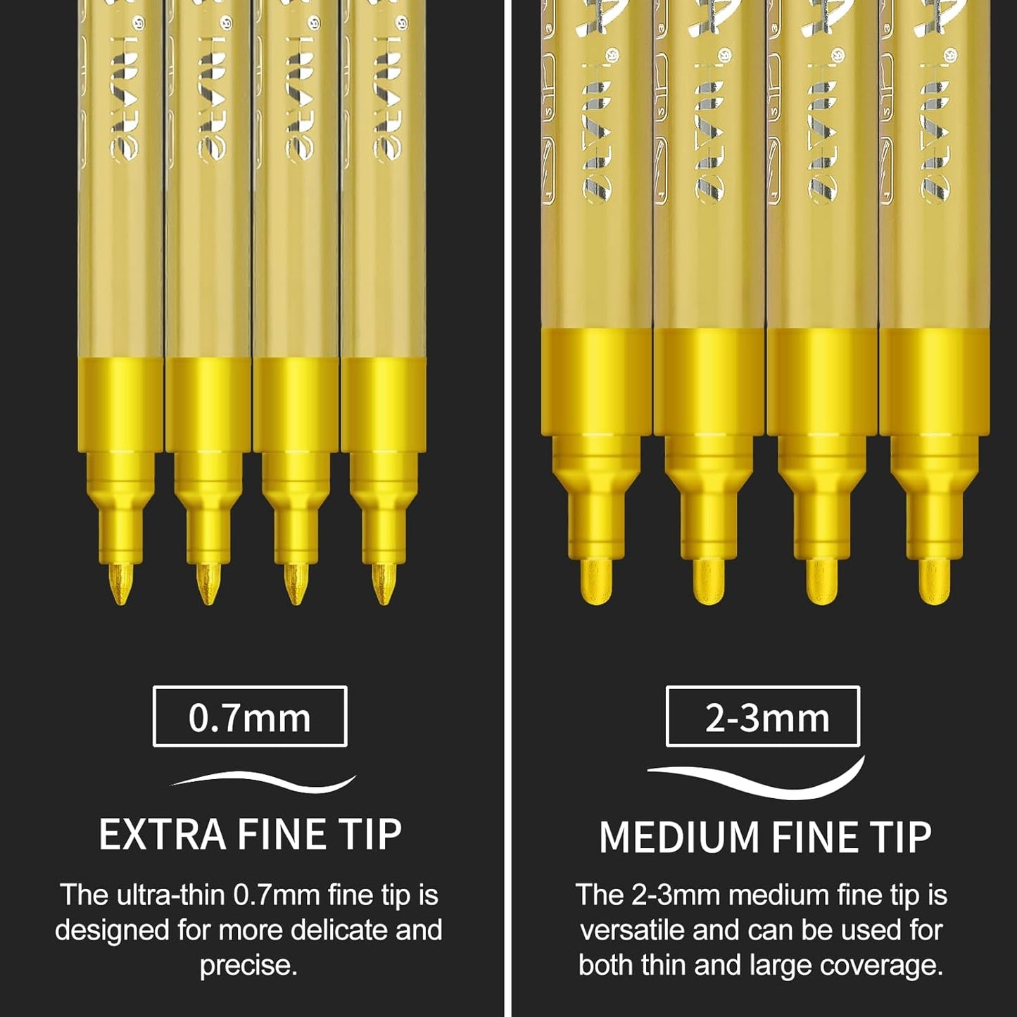 SFAIH Acrylic Gold Paint Pens - 8 Pack 2-3MM Medium Tip & 0.7MM Extra Fine Gold Markers Permanent for Rock, Wood, Metal, Fabric, Plastic, Glass, Ceramic, Diy Crafts, Large Ink Capacity, High Coverage