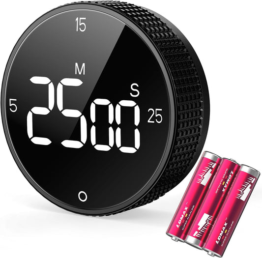 Magnetic Kitchen Timer for Cooking with Loud Alarm - [AAA Battery Included & Large LED Display] Countdown/Countup Rotating Pomodoro Timer, Visual Digital Timers for Classroom Gym