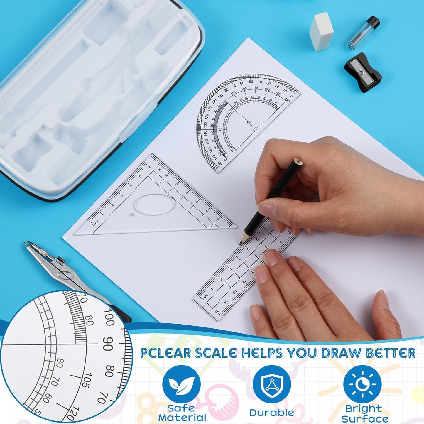 Teling 12 Sets Math Geometry Kit for Students 10 Pcs Compass Geometry Tools Set Includes Rulers Protractor Compass Eraser Pencil Sharpener Lead Refills Pencil (Black)