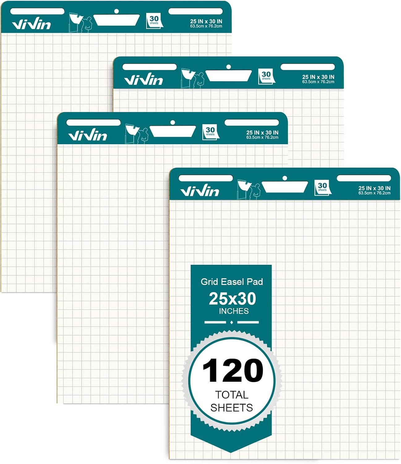 ViVin Gird Sticky Easel Pad, 25 x 30 Inches Flip Chart Paper for Teachers and Students, Large Self Stick Easel Paper for School & Office, 30 Sheets/Pad, 4 Pads/Pack