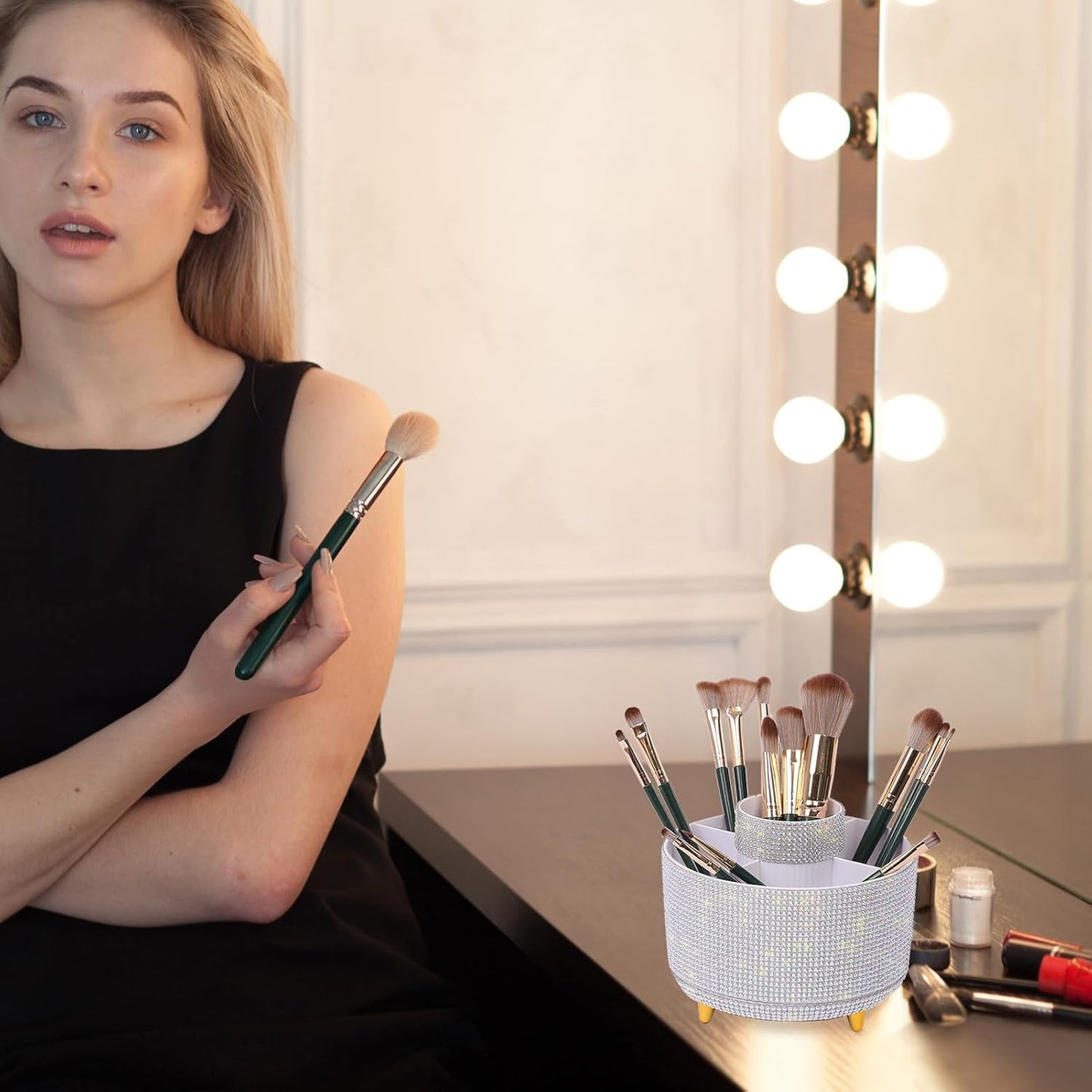 SKYDUE 360 Degree Rotating Desk Organizer, Shining Dual-Purpose Rhinestone Pencil Pen Holder, Rotating Desk Pen Organizer with 5 Slots, Rhinestone Pencil Cup for Office, School, Home