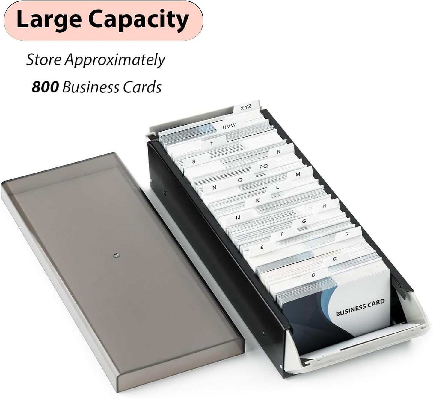 Business Card Holder for Desk, Business Card Holder Organizer, Credit Card Organizer Case File Index Card Box Storage,with A-Z Tabs, Storage up to 800 Cards (3.5” x 2.2”), Metal Structure