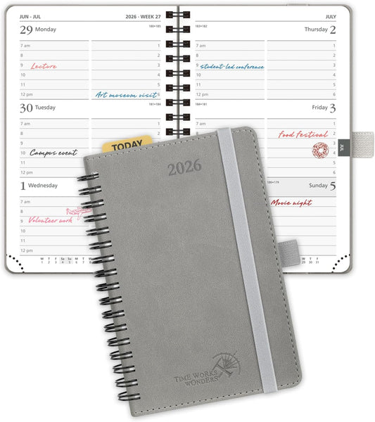 POPRUN Pocket 2026 Planner (Small Size- 4'' x 6.25'') Weekly and Monthly for Purse - Calendar 2026 (Jan. 2026 - Dec.2026) with Soft Cover, Plastic Ruler - Grey
