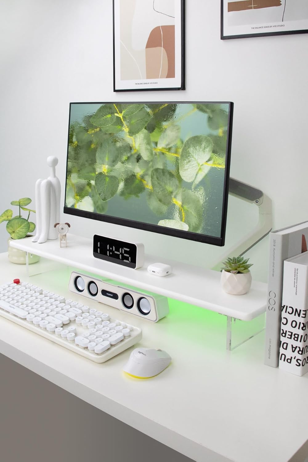 Bamboo Monitor Stand Riser with Acrylic Legs for Desk,31.5 Inches Desktop Shelf Supports for PC Computer Monitor, Laptops, Printer, Speakers (White)