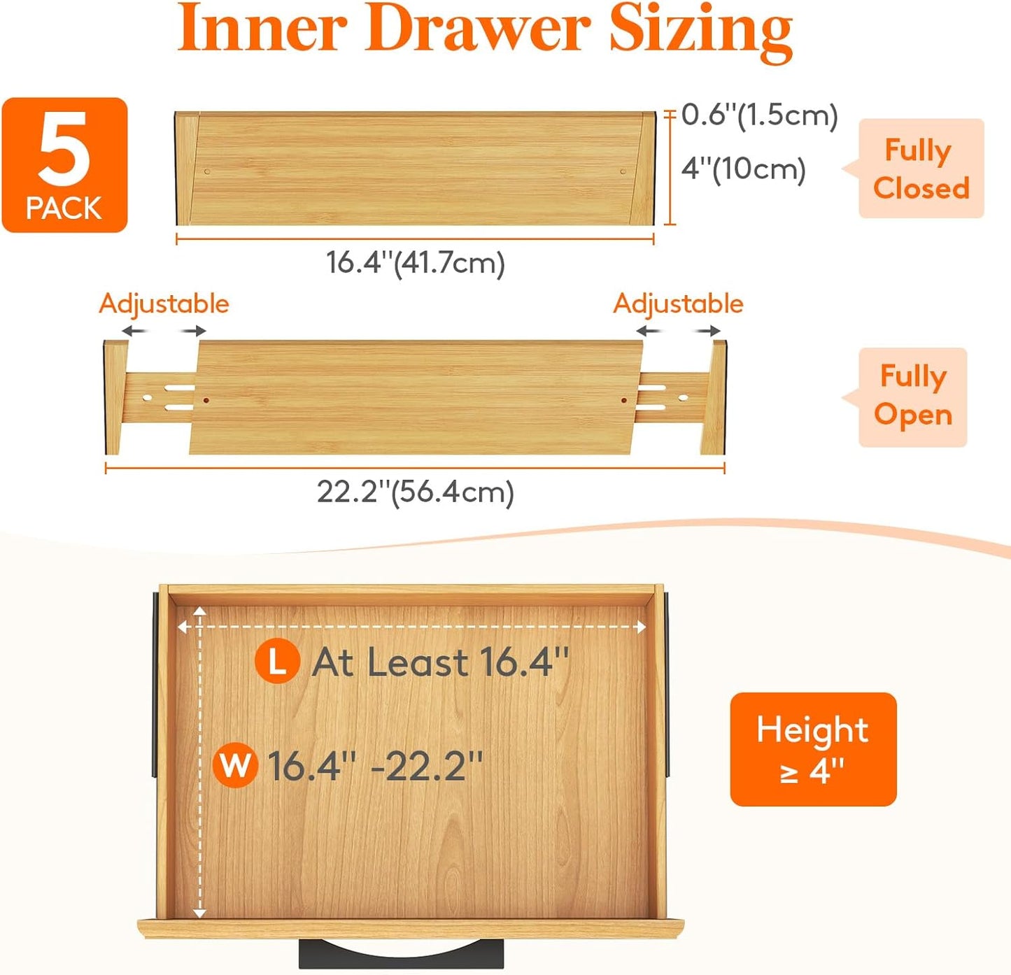 Lifewit 16-22" L x 4" H Drawer Dividers Bamboo 5 Pack, Adjustable Drawer Organizers for Clothes, Expandable Dresser Separators in Bedroom/Bathroom/Kitchen/Fridge/Office Organization and Storage