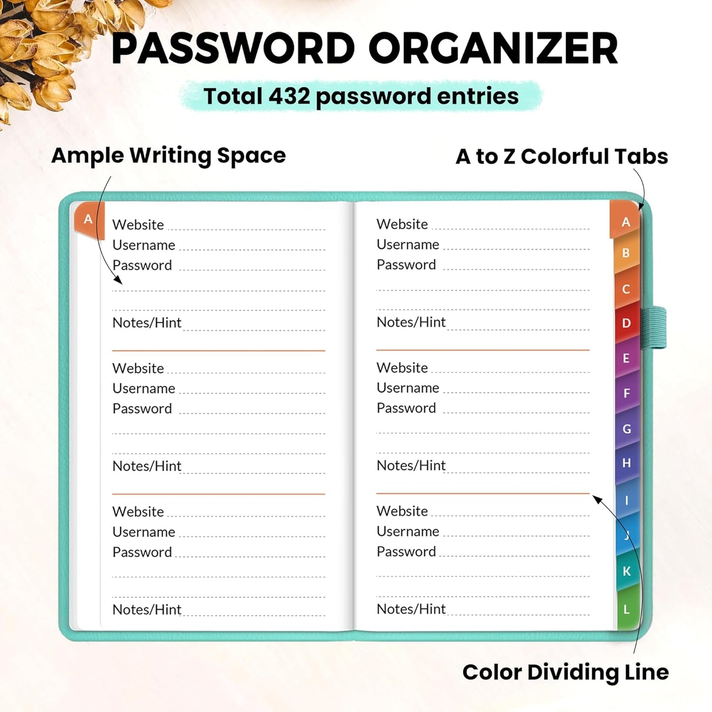 SUNEE Password Keeper Book with Colorful Alphabetical Tabs, Small Pocket Password Book for Internet Website Address Login, Gifts for Home and Office, 4''x 6''- Aquamarine